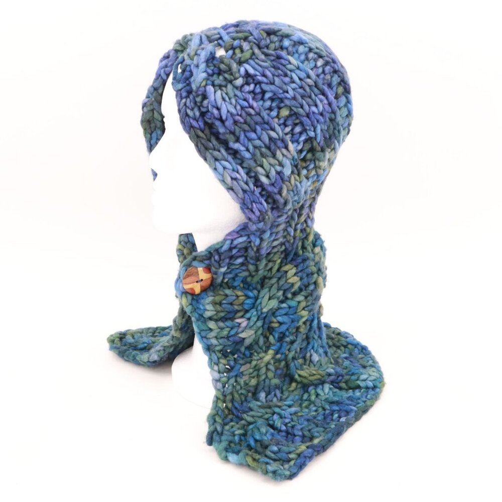 Handmade Chunky Cable Knit Hooded Collar Womens Blue Grannycore Cottagecore Boho